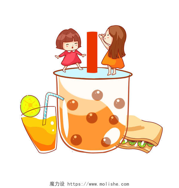 夏天卡通手绘饮品奶茶人物素材